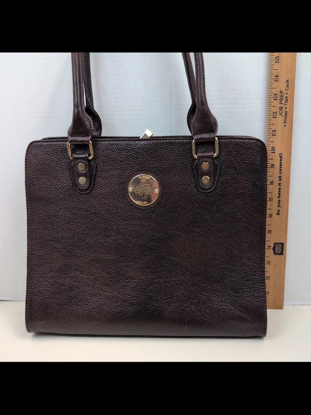 Mulberry Dark Brown Pebbled Leather Satchel with Gold Disc Logo